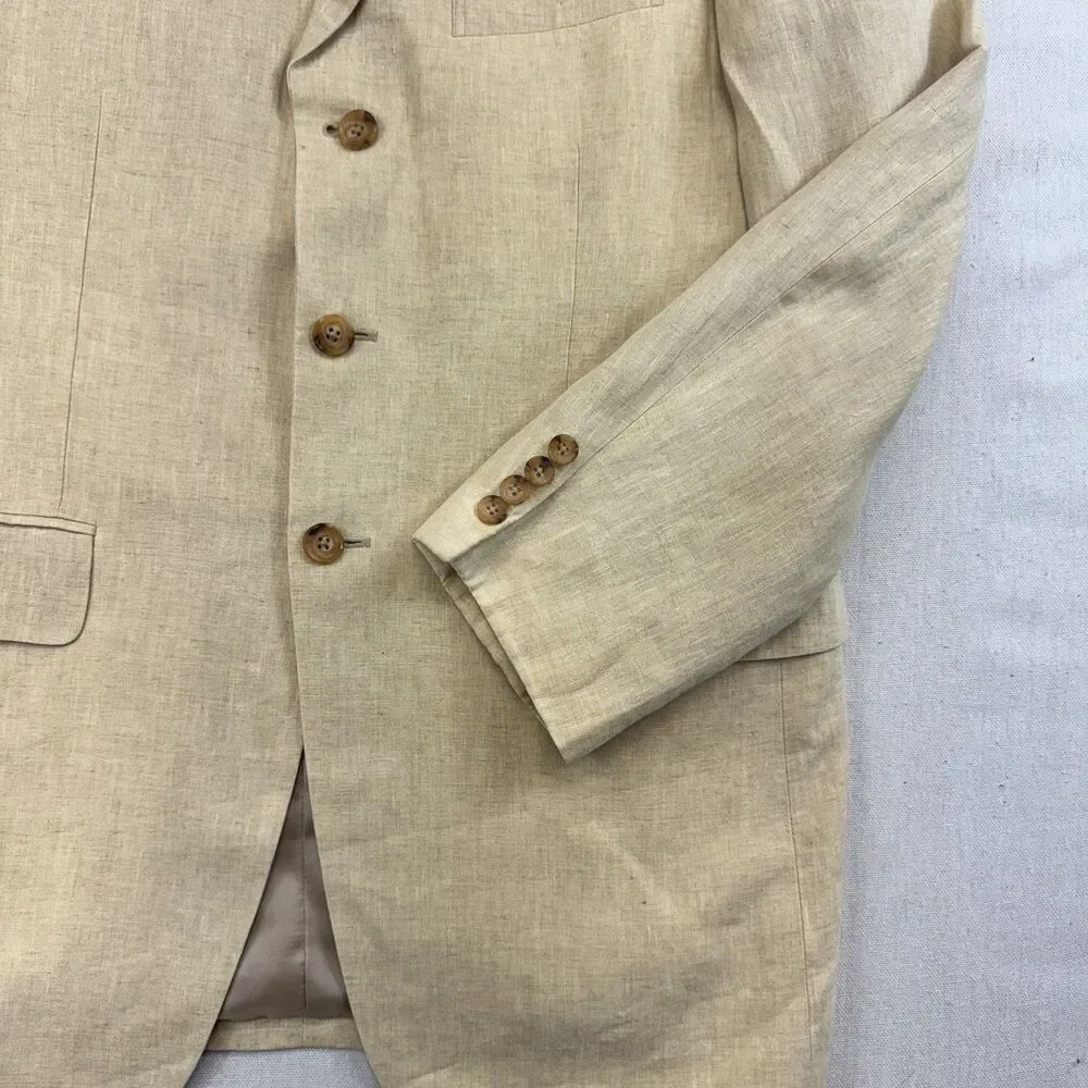 John W Nordstrom Linen Sport Coat Blazer Beige Tan 3 Button Italy Fabric Mens 42